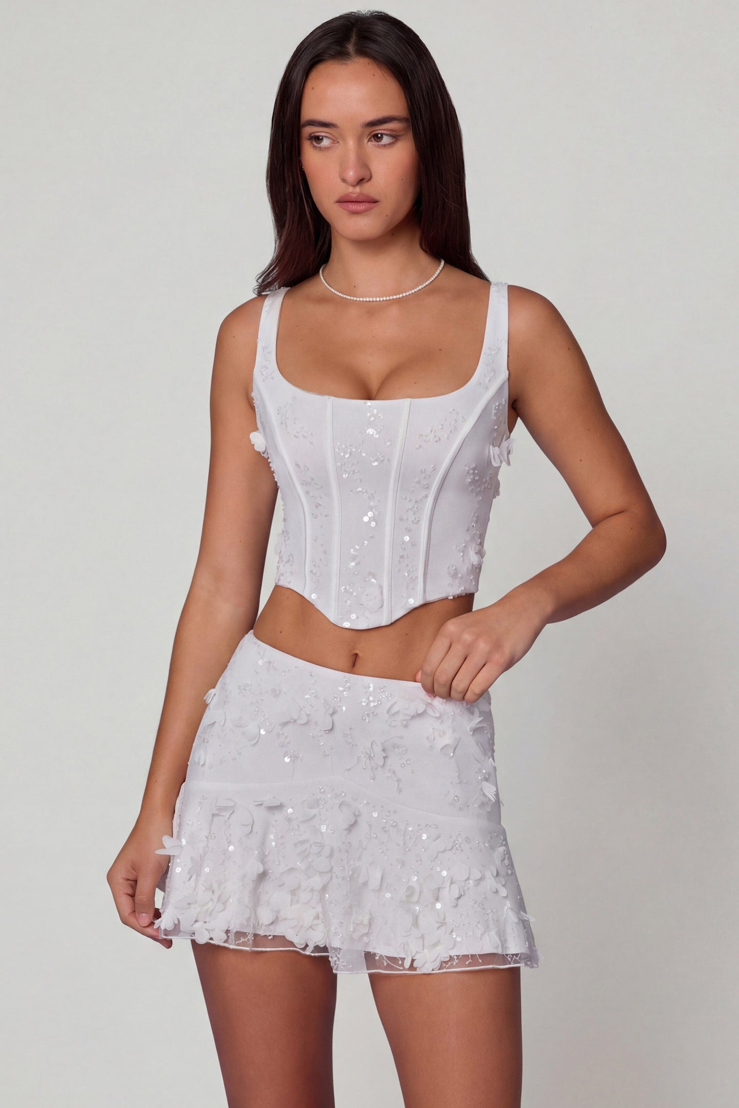 Embellished Lace-Up Corset Top in White