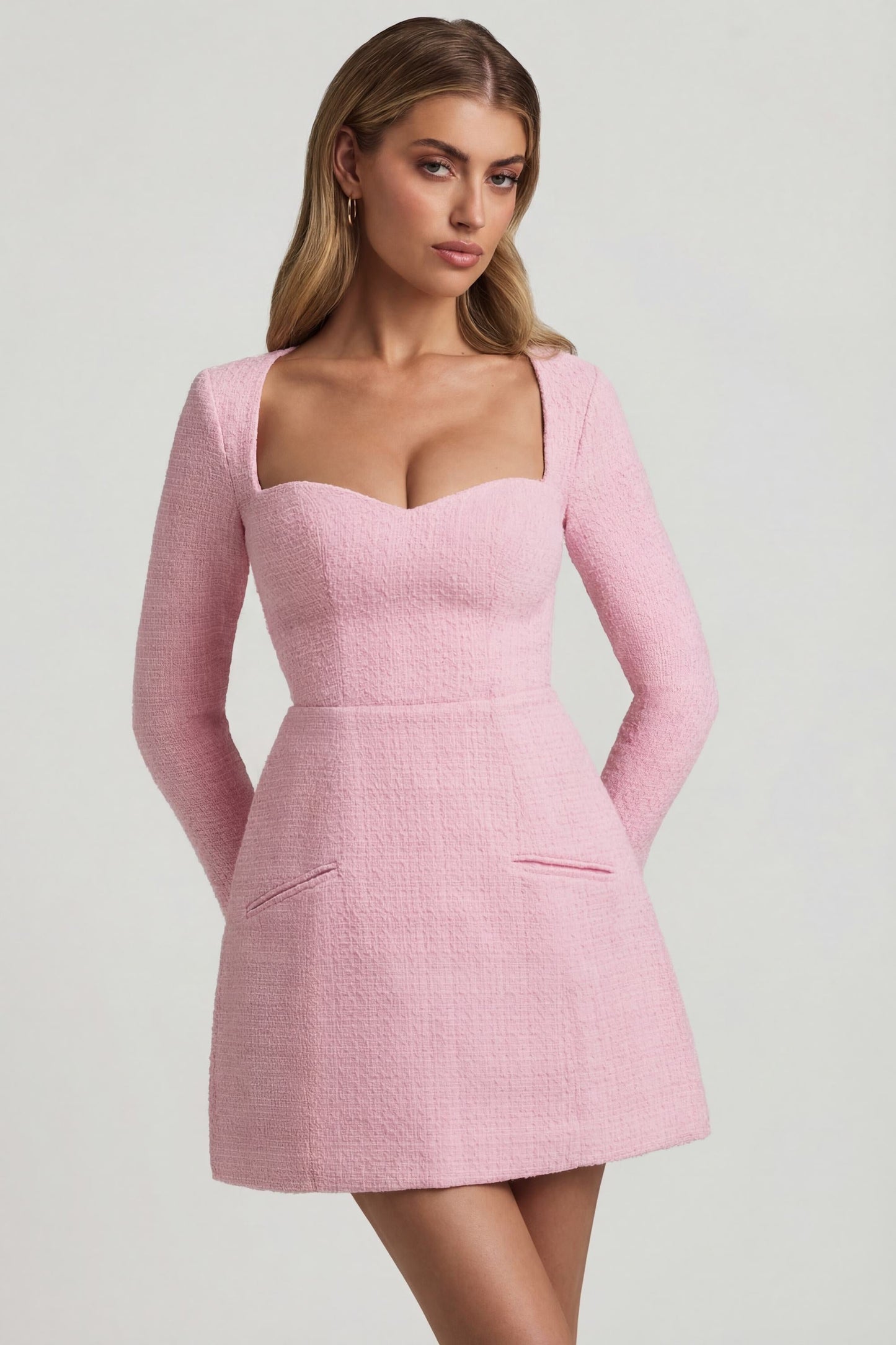 Sweetheart-Neck Structured Mini Dress in Soft Pink