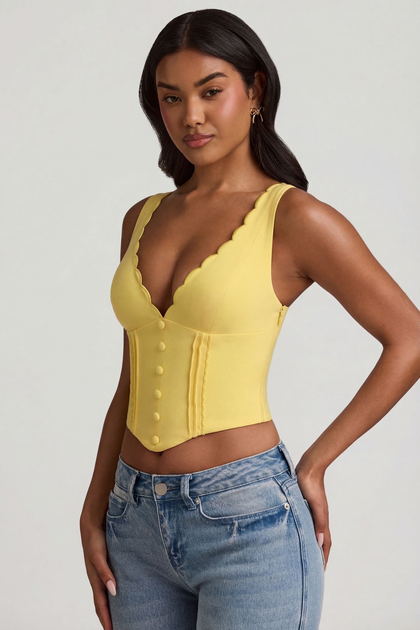 Plunge-Neck Scalloped Corset Top in Pastel Yellow