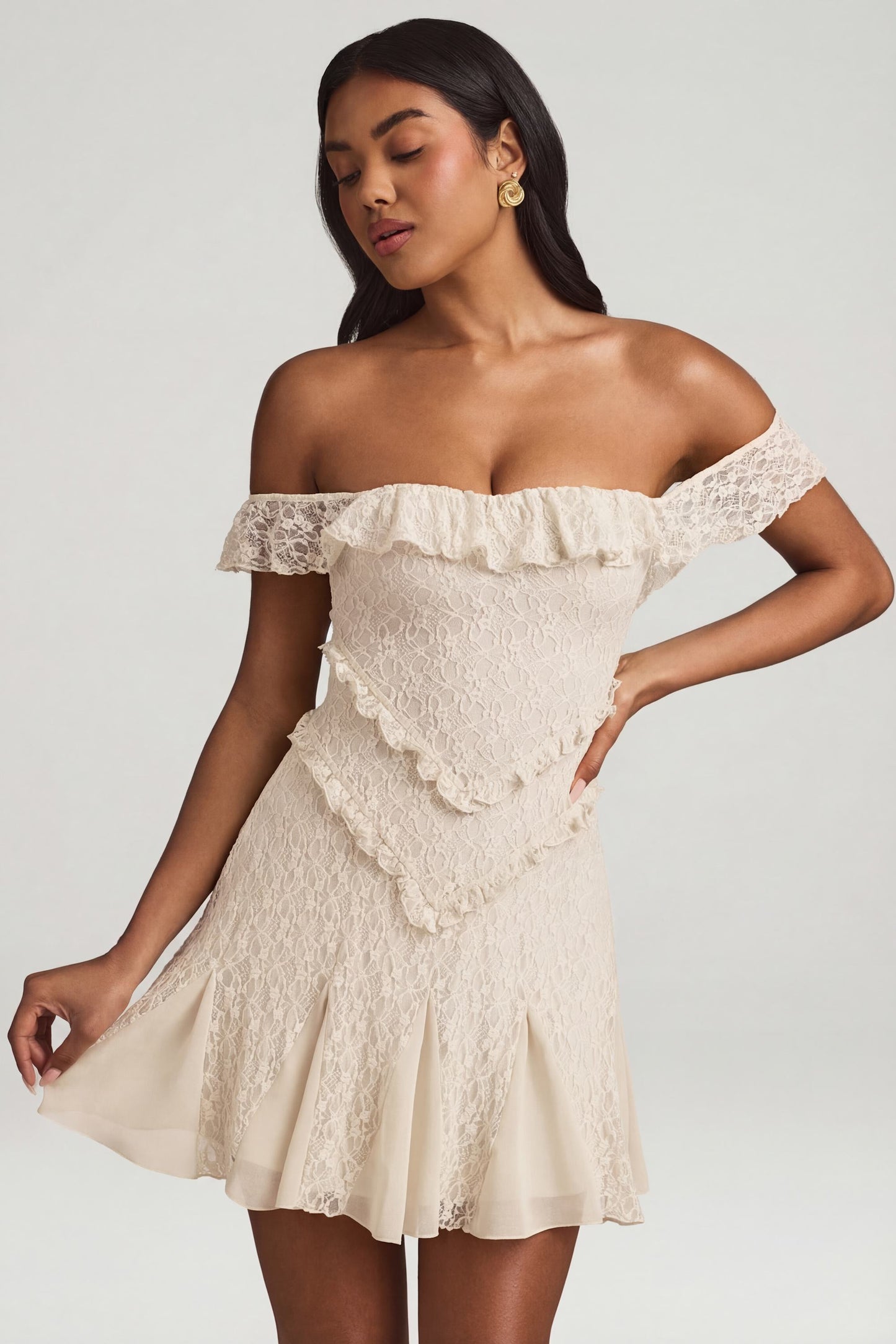 Off-Shoulder Lace A-Line Mini Dress in Ivory