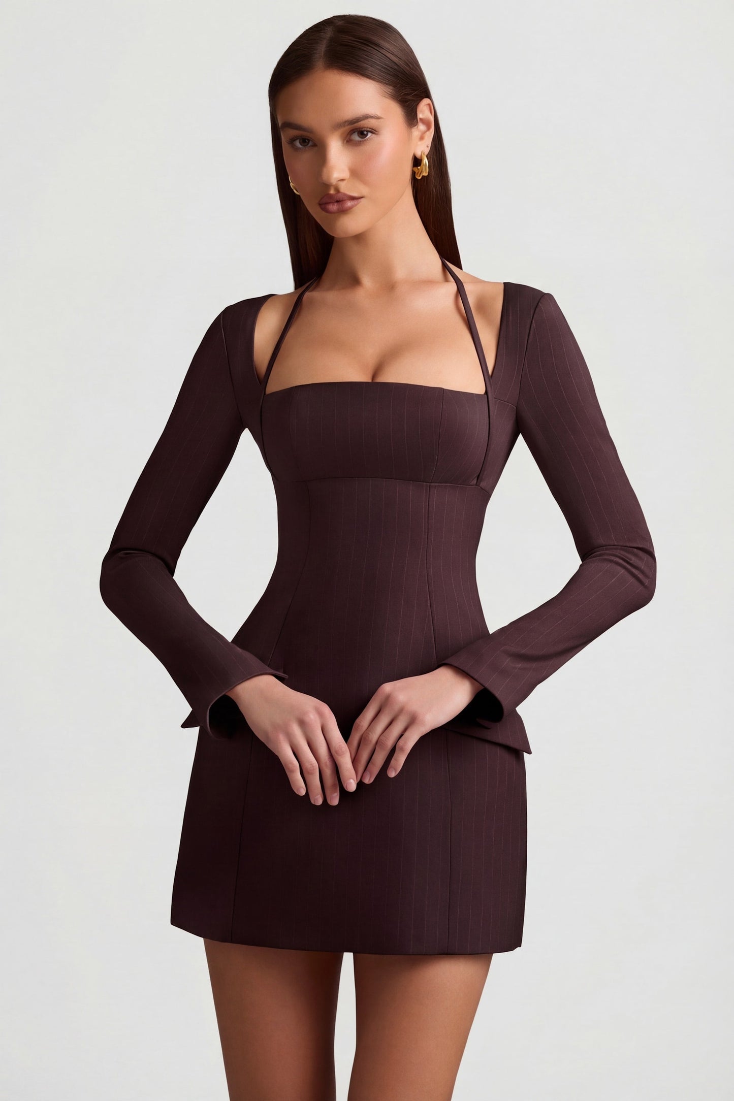 Pinstripe Structured A-Line Mini Dress in Chocolate Brown