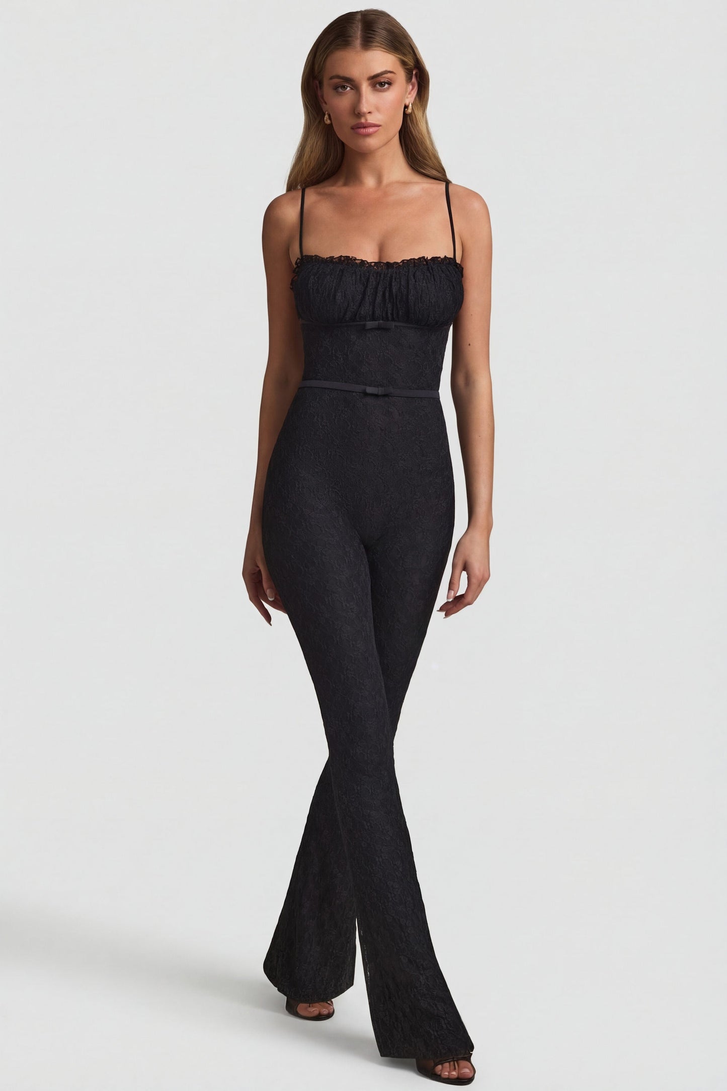 Bow-Detail Lace Flared Jumpsuit in Black