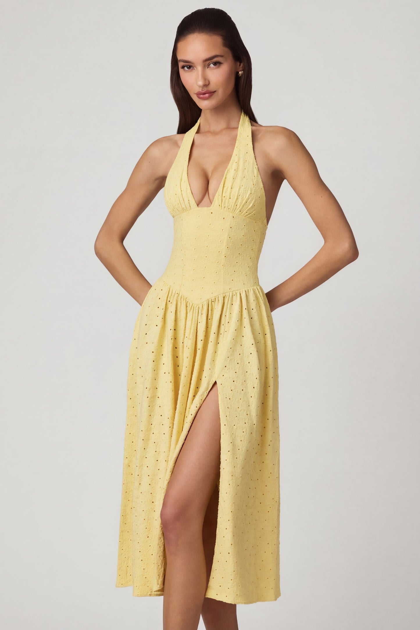 Modal Broderie Anglaise Halterneck Midaxi Dress in Lemon Yellow