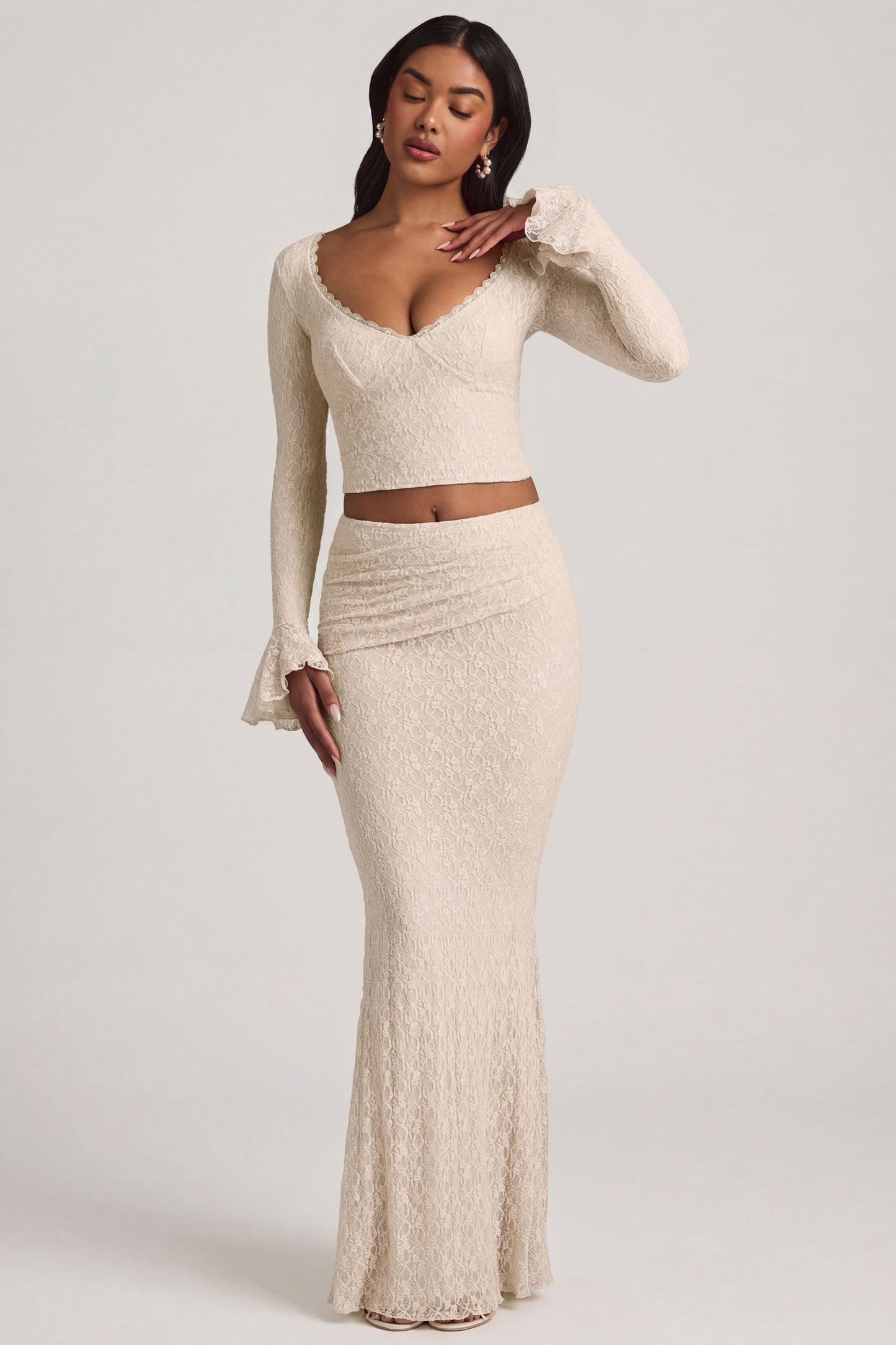 Draped Low-Rise Lace Maxi Skirt in Ivory