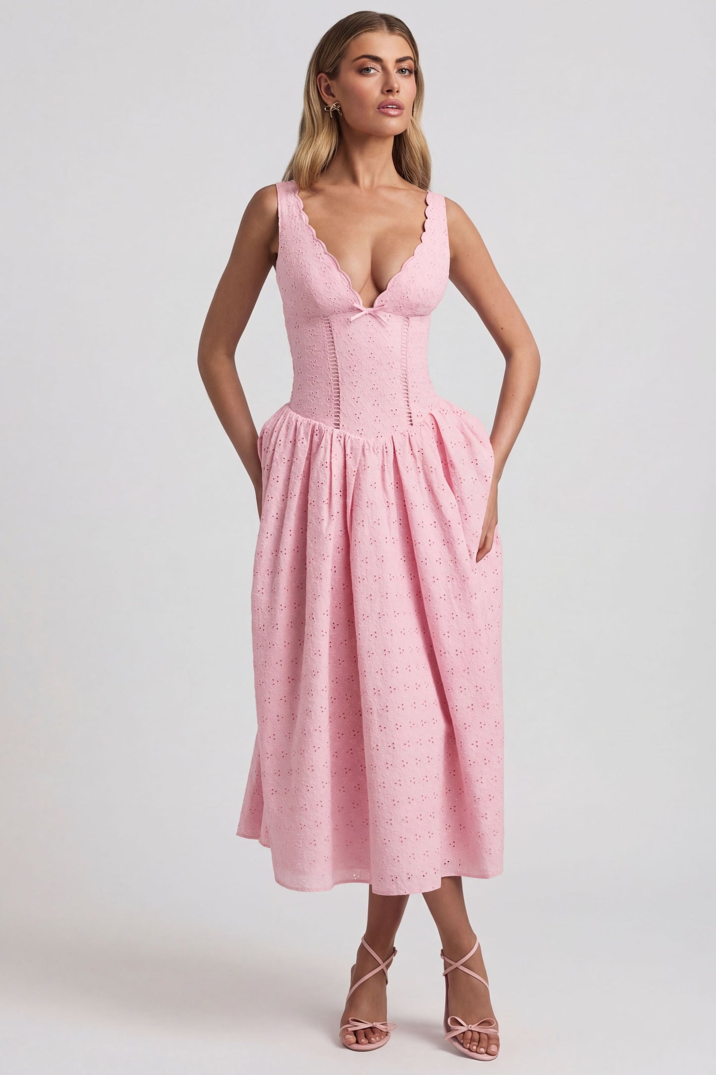 Broderie Anglaise Bow-Detail A-Line Midaxi Dress in Soft Pink