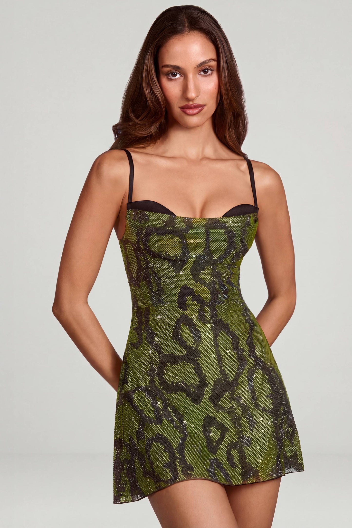 Embellished Cowl Neck A-line Mini Dress in Green Snake