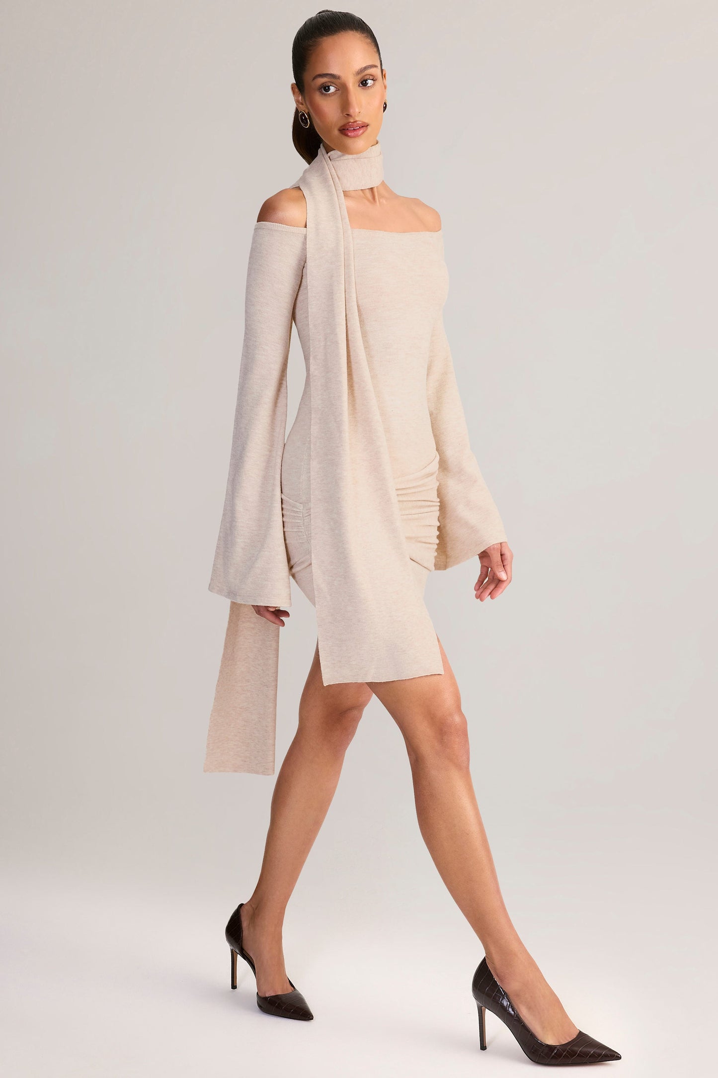 Knit Scarf-Detail Off-Shoulder Mini Dress in Cream