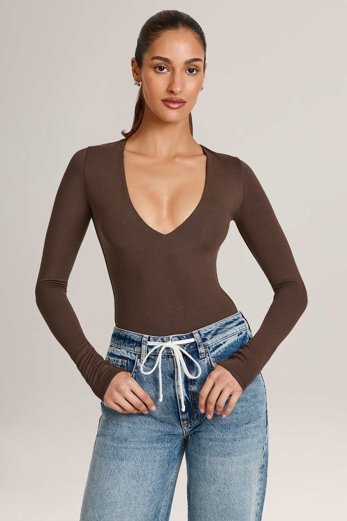 Modal Plunge Long-Sleeve Bodysuit in Chocolate Brown