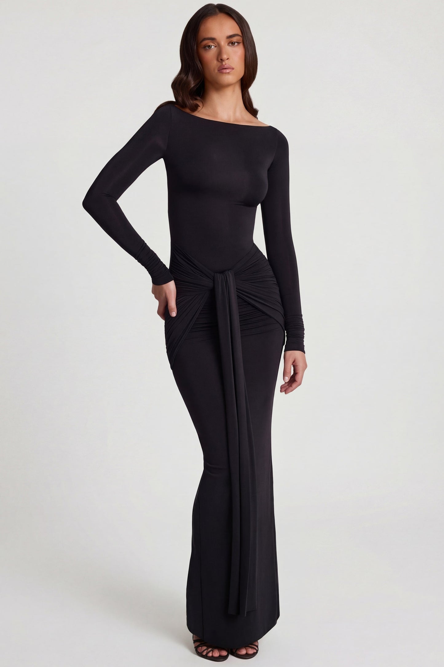 Soft Jersey Boat-Neck Tie-Gather Maxi Dress in Black