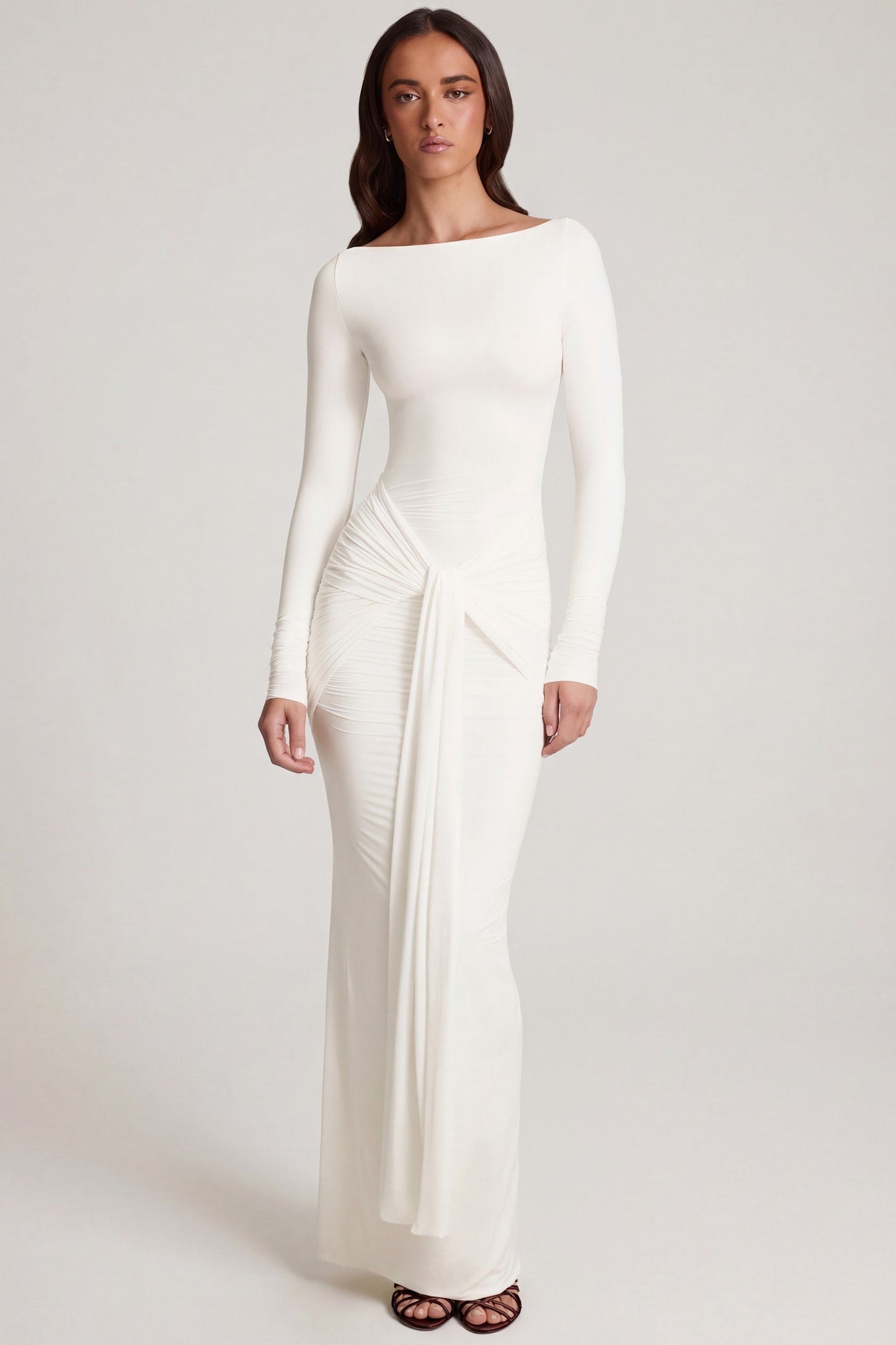 Soft Jersey Boat-Neck Tie-Gather Maxi Dress in White