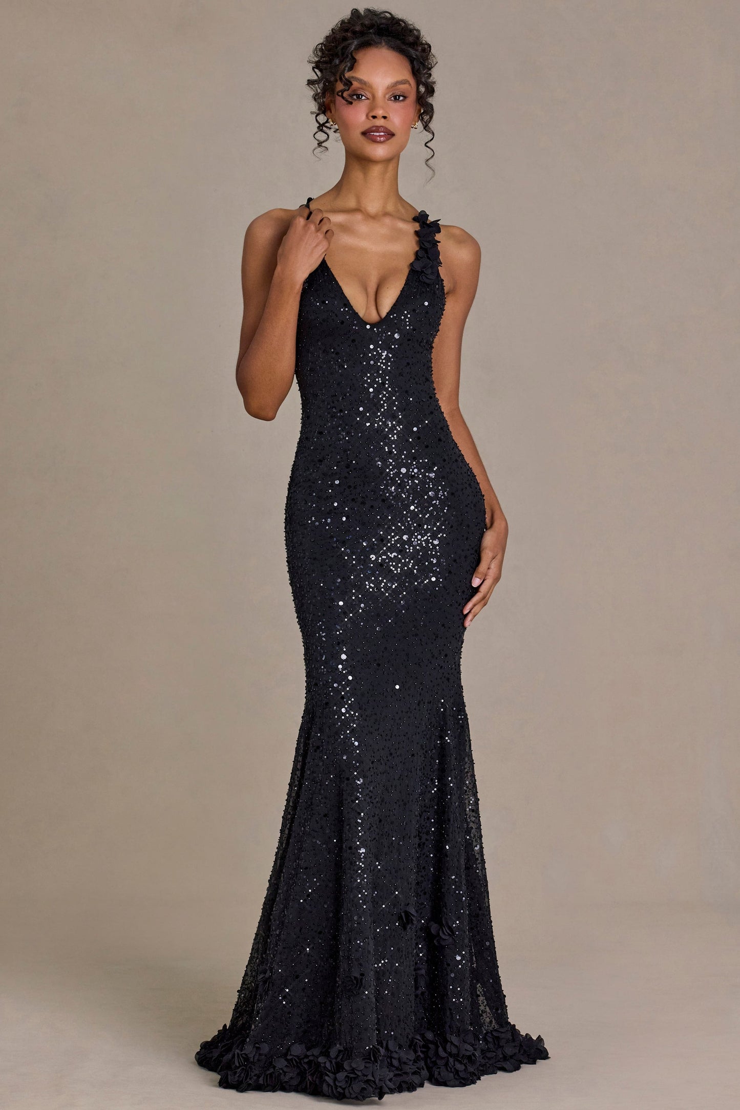 Embellished Plunge Open-Back Gown in Black