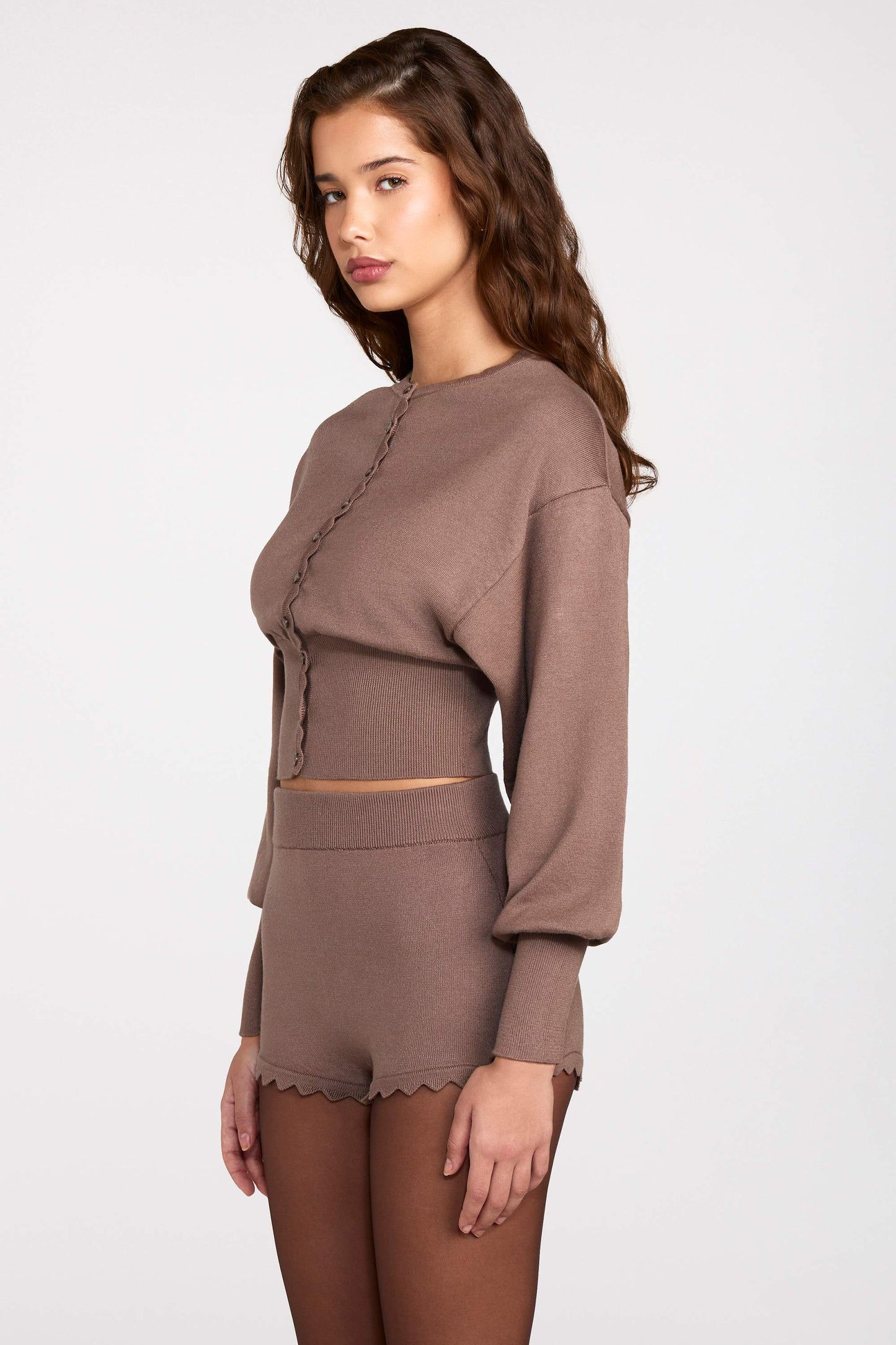 Knit Mid-Rise Mini Shorts in Mocha
