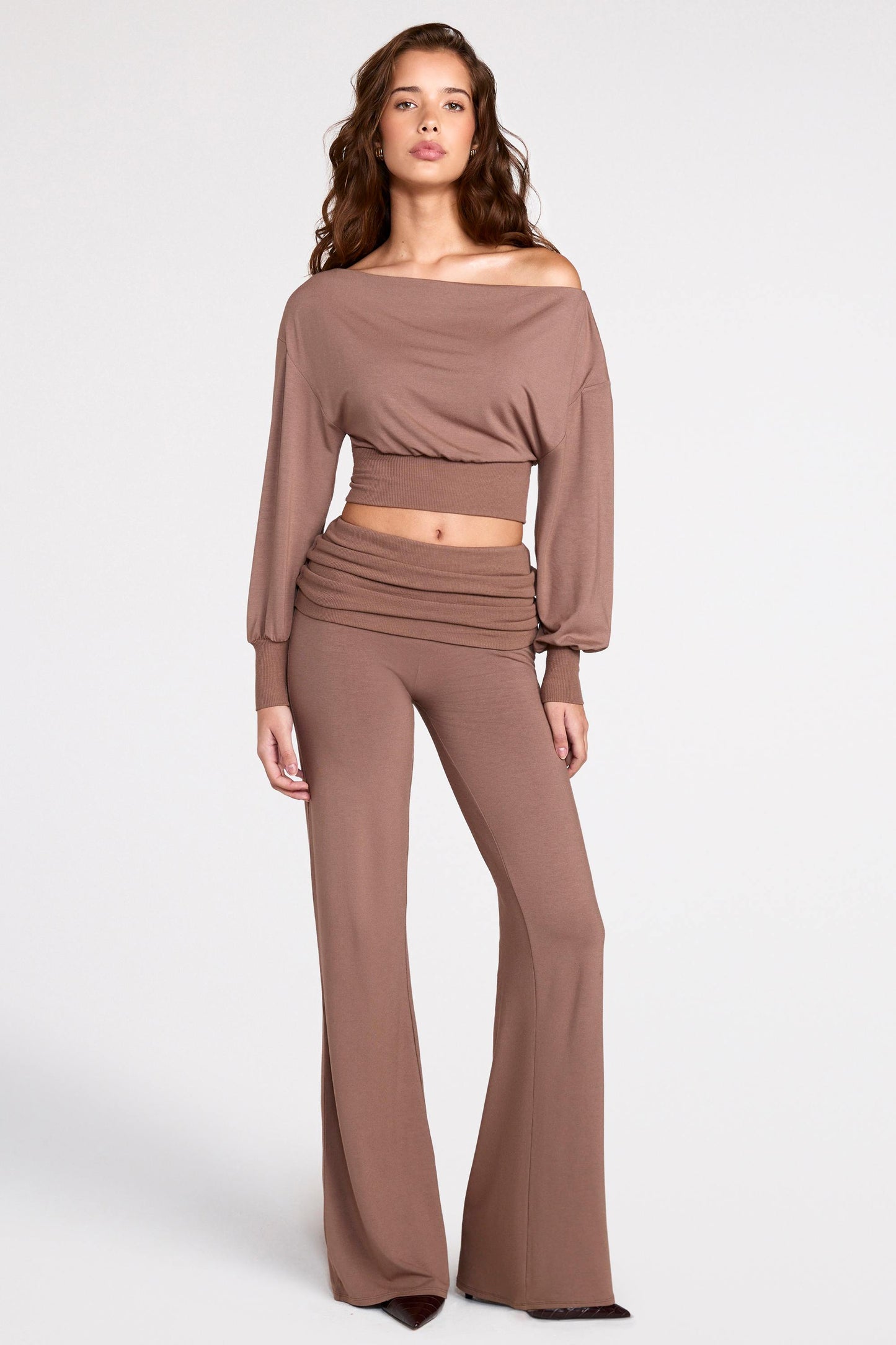 Modal Off-Shoulder Long-Sleeve Top in Mocha