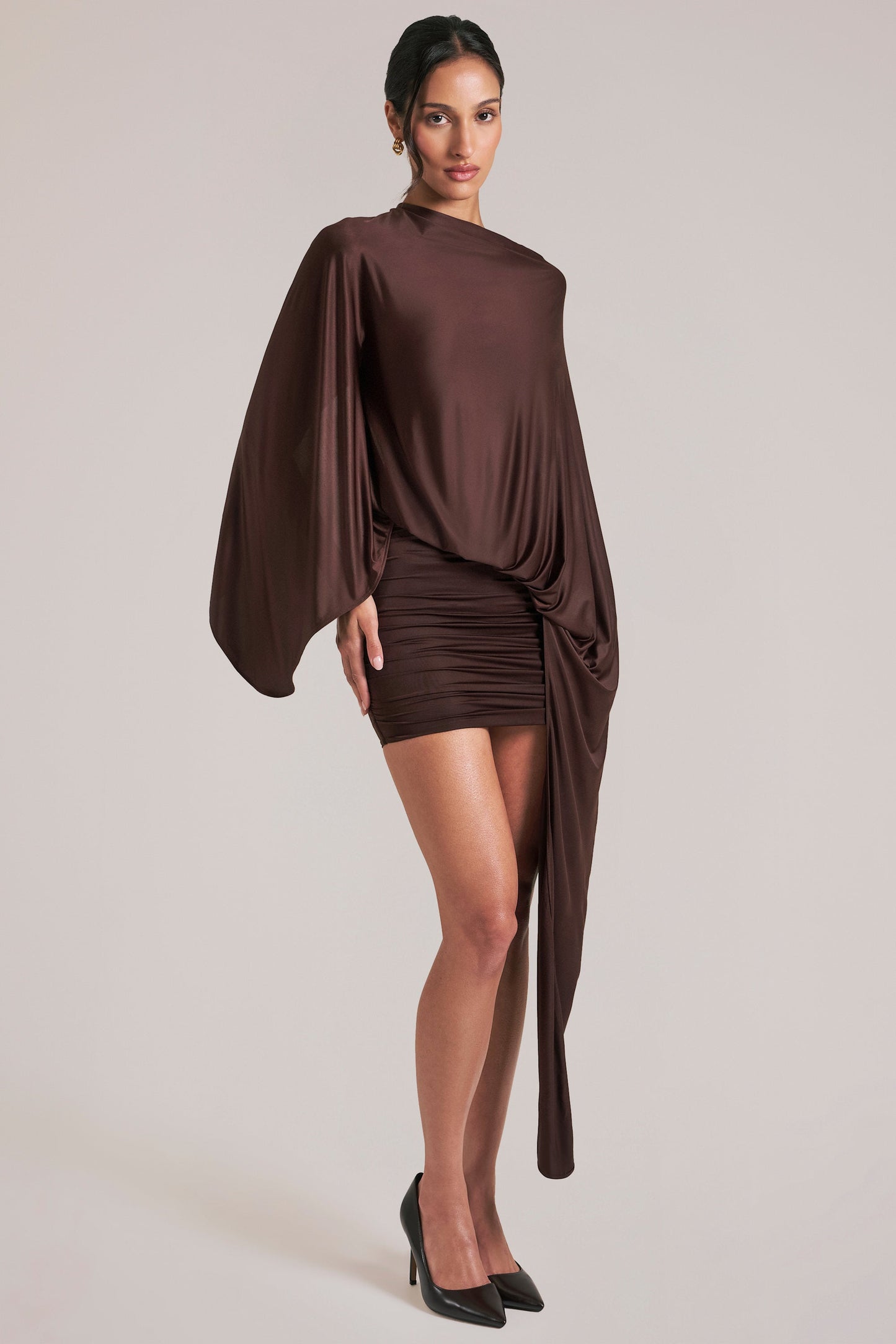 Draped Cape Mini Dress in Chocolate Brown
