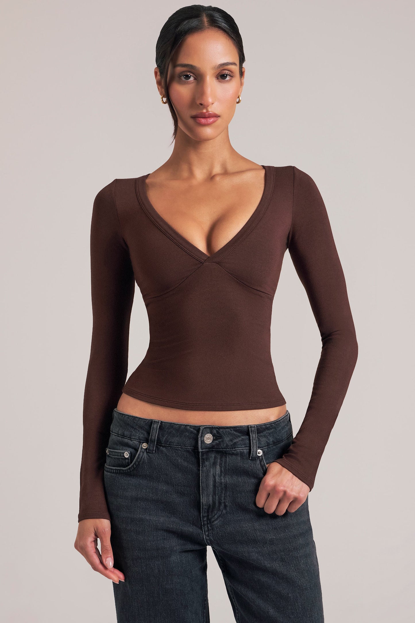 V-Neck Long-Sleeve Top in Chocolate Brown