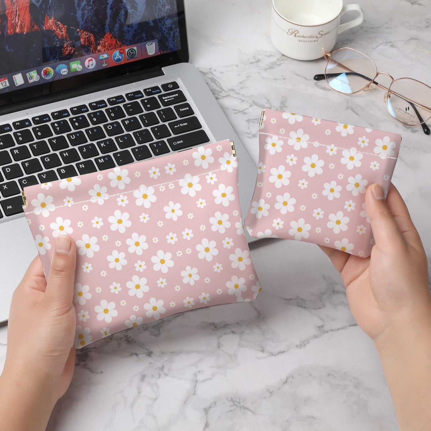 2 PCS PU Leather Small Makeup Bag Set for Purse,No Zipper Self-closing Cosmetic Bag, Portable Coin Purse Lipstick Accessories Organizer Travel Toiletry Storage Pouch for Women,pinkish-white flowers