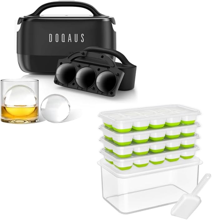 DOQAUS 2.5 Inch Clear Ice Ball Maker & 4 Pack Ice Cube Trays with Bin