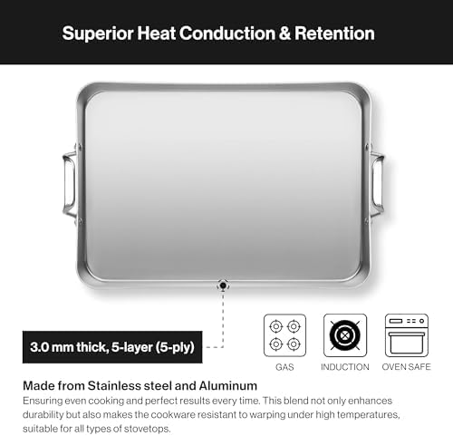 Misen Stainless Steel Roasting Pan with Handles - Versatile 5-Ply Design, Easy Grip Handles, Multi-Functional Cooking, Ideal for Baking, Searing, & Roasting, Superior Heat Conduction, Premium - 13"