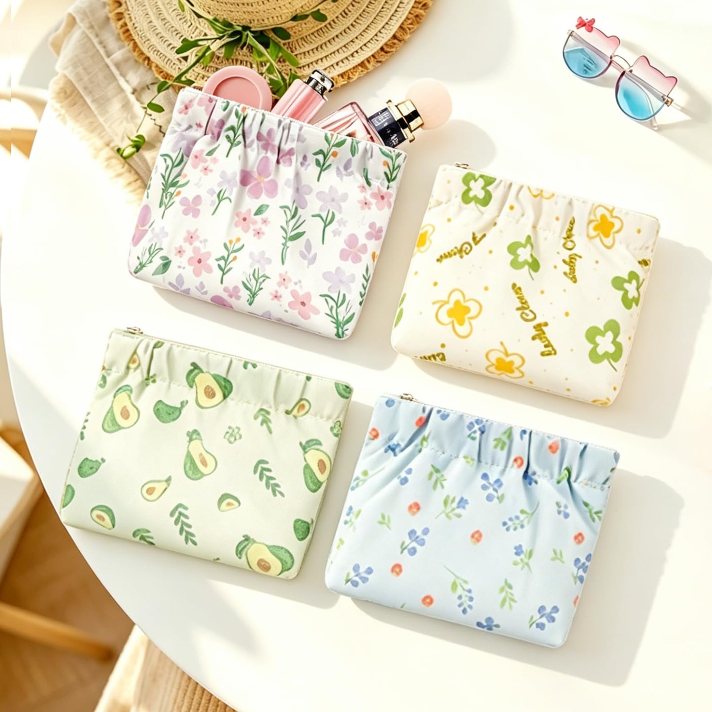 4Pcs Small Makeup Bag for Purse,Waterproof Portable Cosmetic Bags for Women,Cute Flowers Self-Closing Mini Makeup Pouch Travel Storage for Coin Purse Lipstick Organizer Jewelry Earphones(Floral)