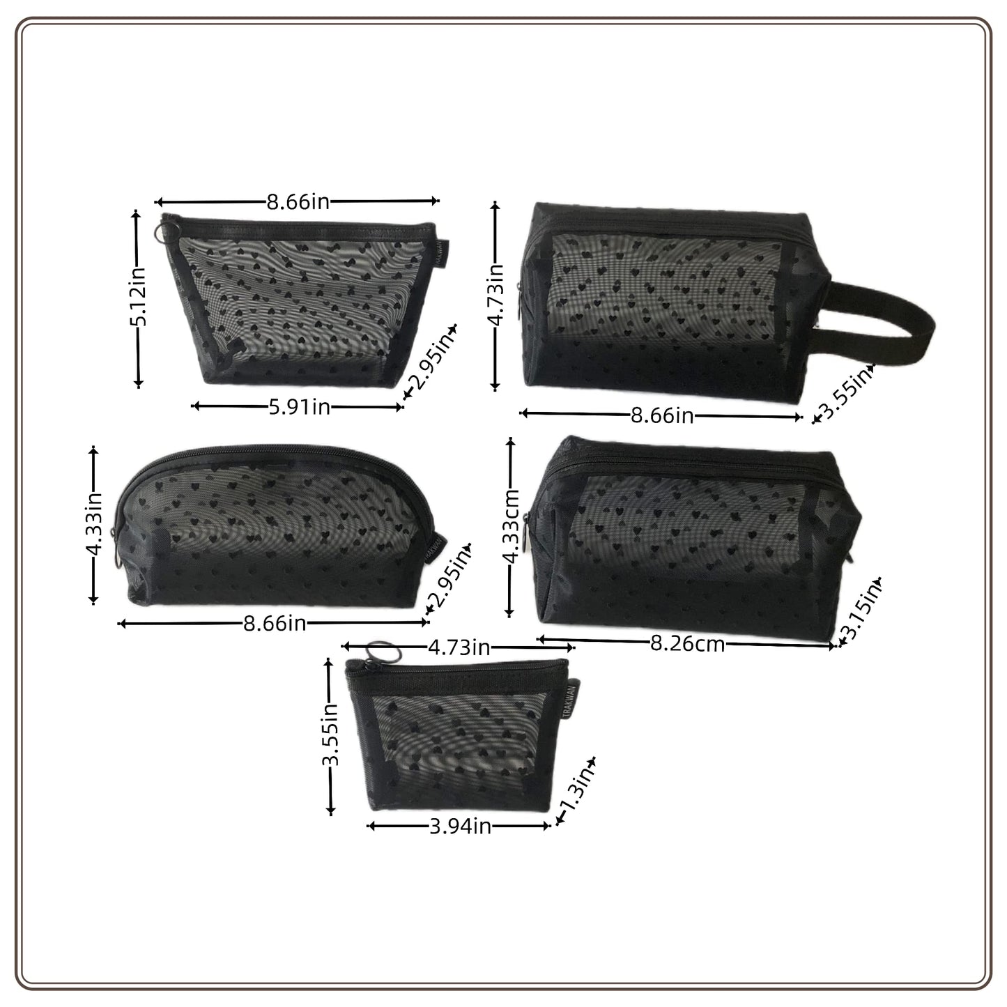 5 Pieces Heart Printed Mesh Makeup Bag Set, Portable Travel Mesh Cosmetic Bags Toiletry Bags Makeup Purse Bags with Zipper Storage Pouches for Home Offices Travel Accessories (Black)
