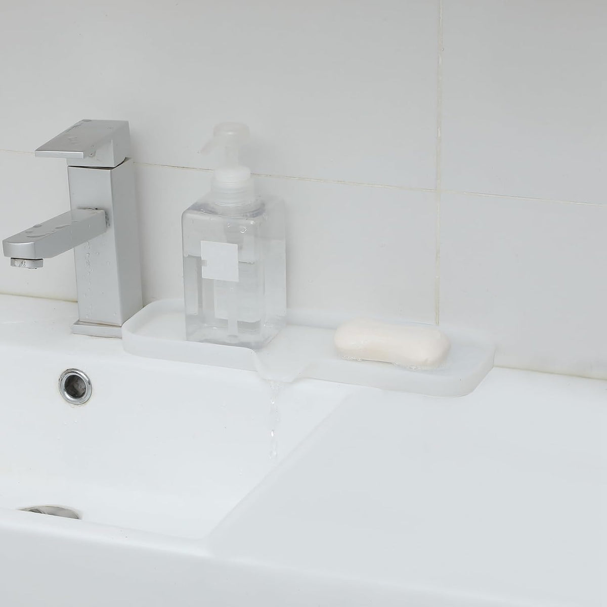 Silicone Bathroom Soap Dishes with Drain Spout-Bathroom and Kitchen Sink Organizer,Sponge Holder,Dish Soap Tray,Perfect for Dispenser,Scrubber,Bottle,Cup on Sink or Counter-Translucent 12"×4"