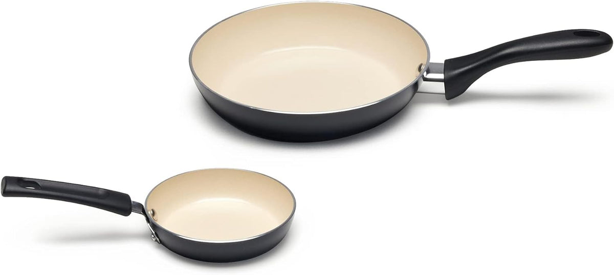 Amazon Basics 11-Piece Ceramic Non-Stick Pots and Pans Set, Dishwasher & Oven Safe, Non-Toxic, Easy Clean, Black/Cream