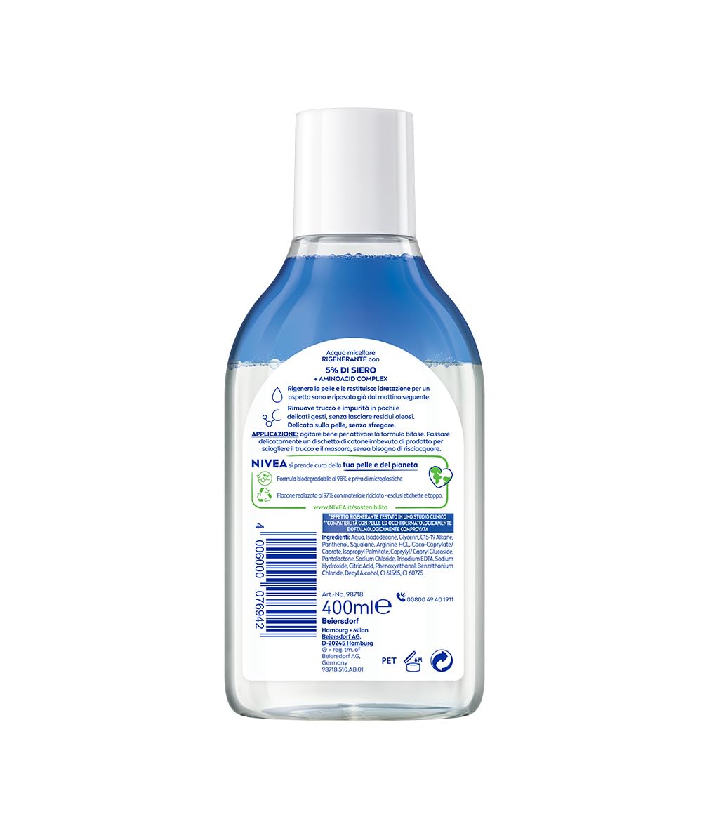 NIVEA Regenerating Serum Infused Micellar Water 400 ml (13.53 fl oz) – Micellar Cleanser with Amino Acid – Gentle Daily Face Cleanser & Makeup Remover – No-Rinse Formula – Suitable for Sensitive Skin