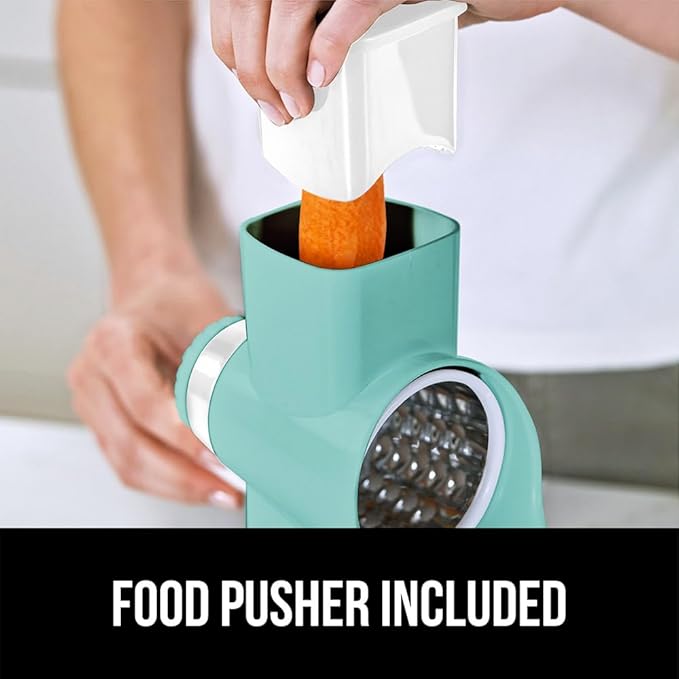 GORILLA GRIP BPA-Free Rotary Cheese Grater Hand Crank, Easy to Set Up, Strong Suction Base for Kitchen Countertop, Shred Potato, Vegetable, Nuts in Seconds, Round Mandoline Slicer, 3 Blades, Mint