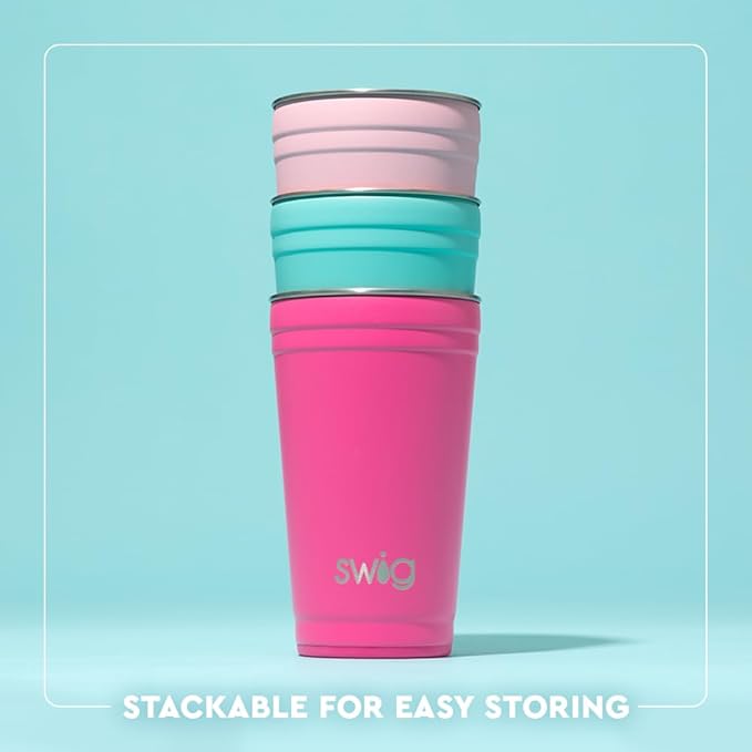 Swig Life 24oz Party Cup, Stackable Insulated Travel Coffee Tumbler with EZ Slider Lid, Cup Holder Friendly Travel, Stainless Steel 24 oz Tumbler, Reusable Mug (Christmas Cameos)
