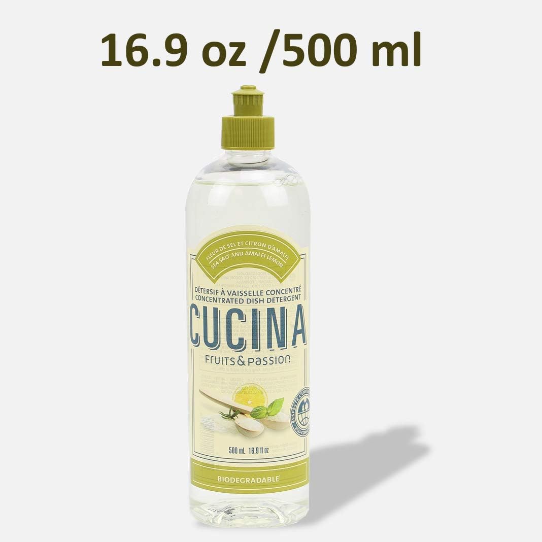 Cucina Fruits & Passion Biodegradable Concentrated Liquid Dish Soap Detergent 16.9 Ounces - 2 Pack (Sea Salt and Amalfi Lemon)