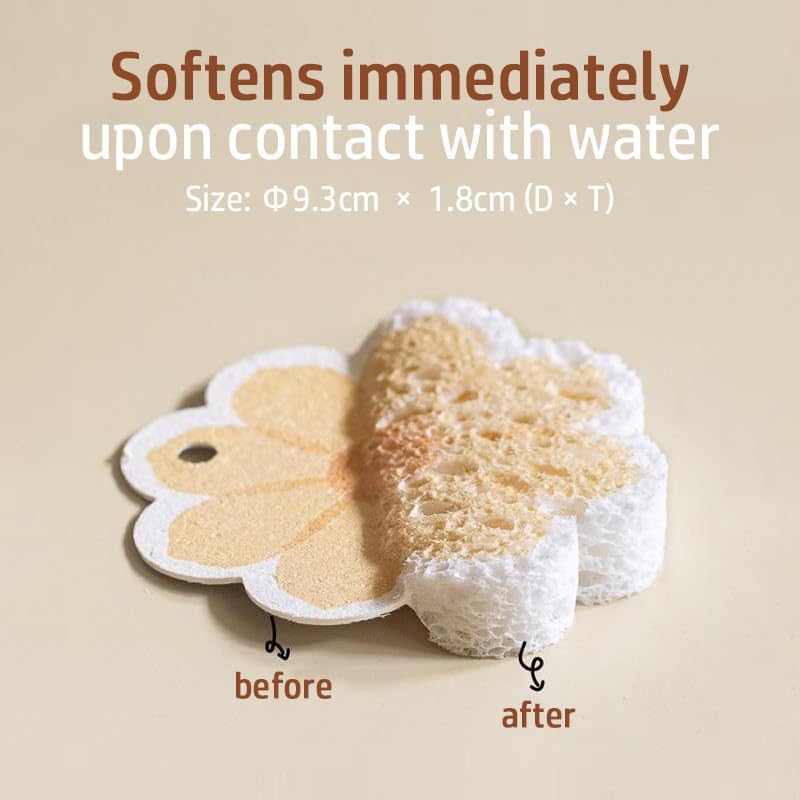 Flower-Shaped Wood Pulp Sponge Scrubber, sponges Kitchen– Dual-Sided Natural Dish Sponge,sponges for Dishes, Eco-Friendly, Quick-Drying, Gentle on Non-Stick Pans (8.5×1.8cm) (10pcs)