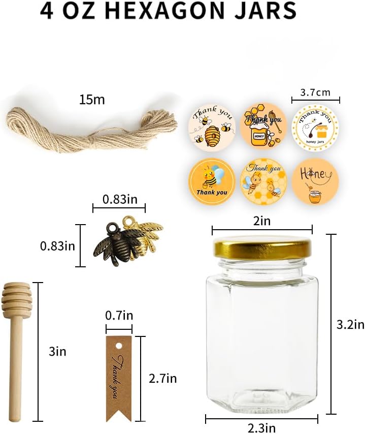 12 Pack 4oz Glass Hexagon Honey Jars Golden Lids - Extra Wooden Honey Dipper Sticks, Bee Charms, Tag String, Thank You Gift Tags, Stickers (Golden 12 Stickers)