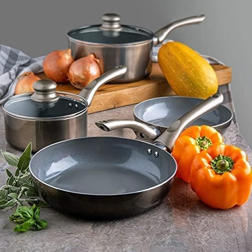 Moss & Stone 6 Pcs Dark Grey Nonstick Cookware Set, Pots And Pans Set Non stick With Glass Lid, Induction Cookware, Stay-Cool Handle PTFE/PFOA Kitchen Pots 6-Piece with Frying Pans & Saucepan