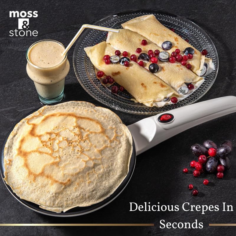 Moss & Stone Electric Crepe Maker 8 Inch, Portable Crepe Maker & Hot Plate Cooktop On/Off Switch, Nonstick Coating, Automatic Temperature Control, Easy To Use For Pancakes, Blintz, Chapati