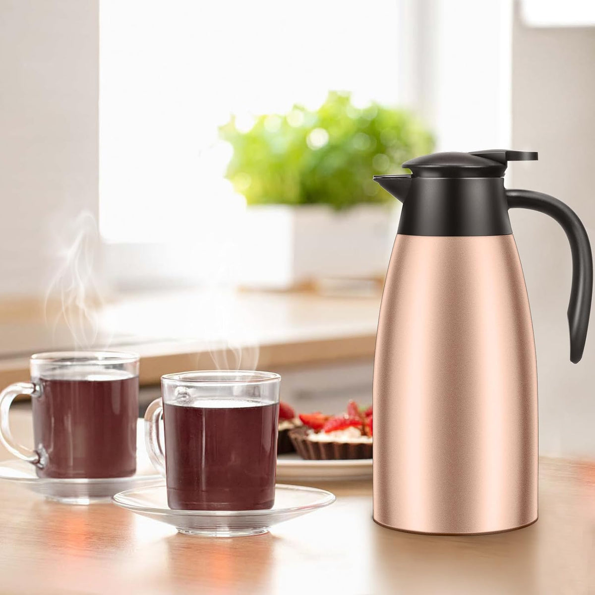 1 PCS 68 OZ Thermal Coffee Carafe, Insulated Stainless Steel Coffee Carafe Double Walled Vacuum Thermal Pot Flask with Brushes Thermos for Keeping Hot Coffee Tea Home and Office (Gold)