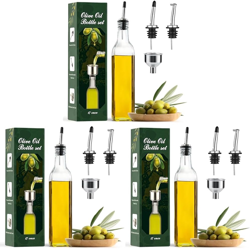 AOZITA 17oz Clear Glass Olive Oil Dispenser Bottle - 500ml Oil & Vinegar Cruet with Pourers and Funnel - Olive Oil Carafe Decanter for Kitchen (Pack of 3)