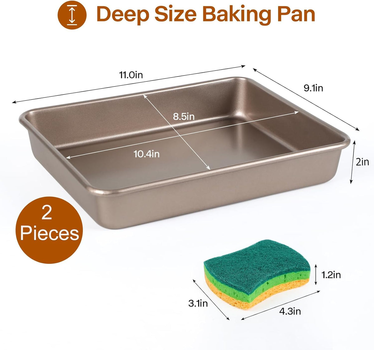 Rectangle Cake Pan, 9x11 Baking Pan, Deep Bread Pan Nonstick, Toaster Oven Tray Bakeware for Brownies, Heavy Duty, 11x9x2 Inch, Pack of 2, Gold, Easy Release