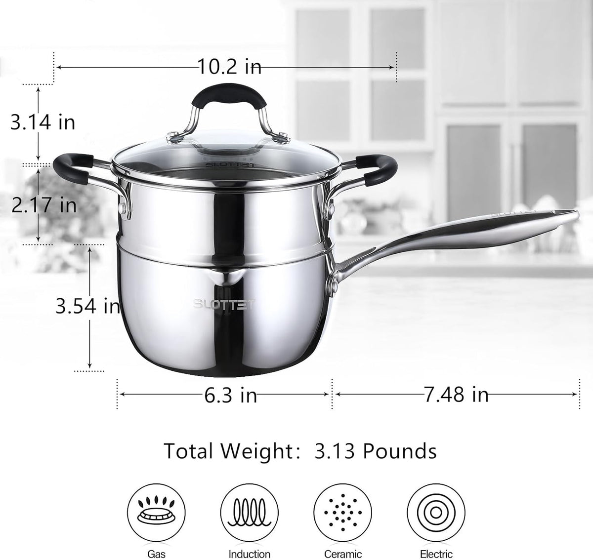Tri-Ply Full Body Stainless Steel Sauce Pan with Steamer,1.5 Quart Small Multipurpose Pasta Pot with Strainer Glass Lid, Saucepan with Pour Spout for Cooking Stay-cool Handle.