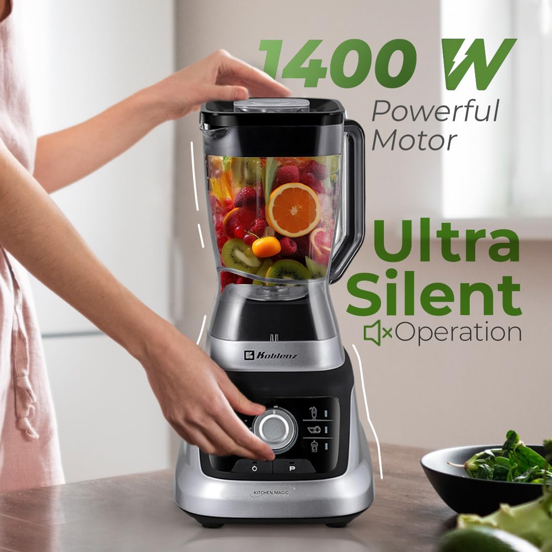 Koblenz Bob Blender, Countertop with Reversible motor, Speed Knob and 6 Functions, 1400-watt Motor, 68 oz. Capacity, Super Silent Operation, Includes 2 To-Go Cups and Tamper, Black/Chrome, LKM-9610