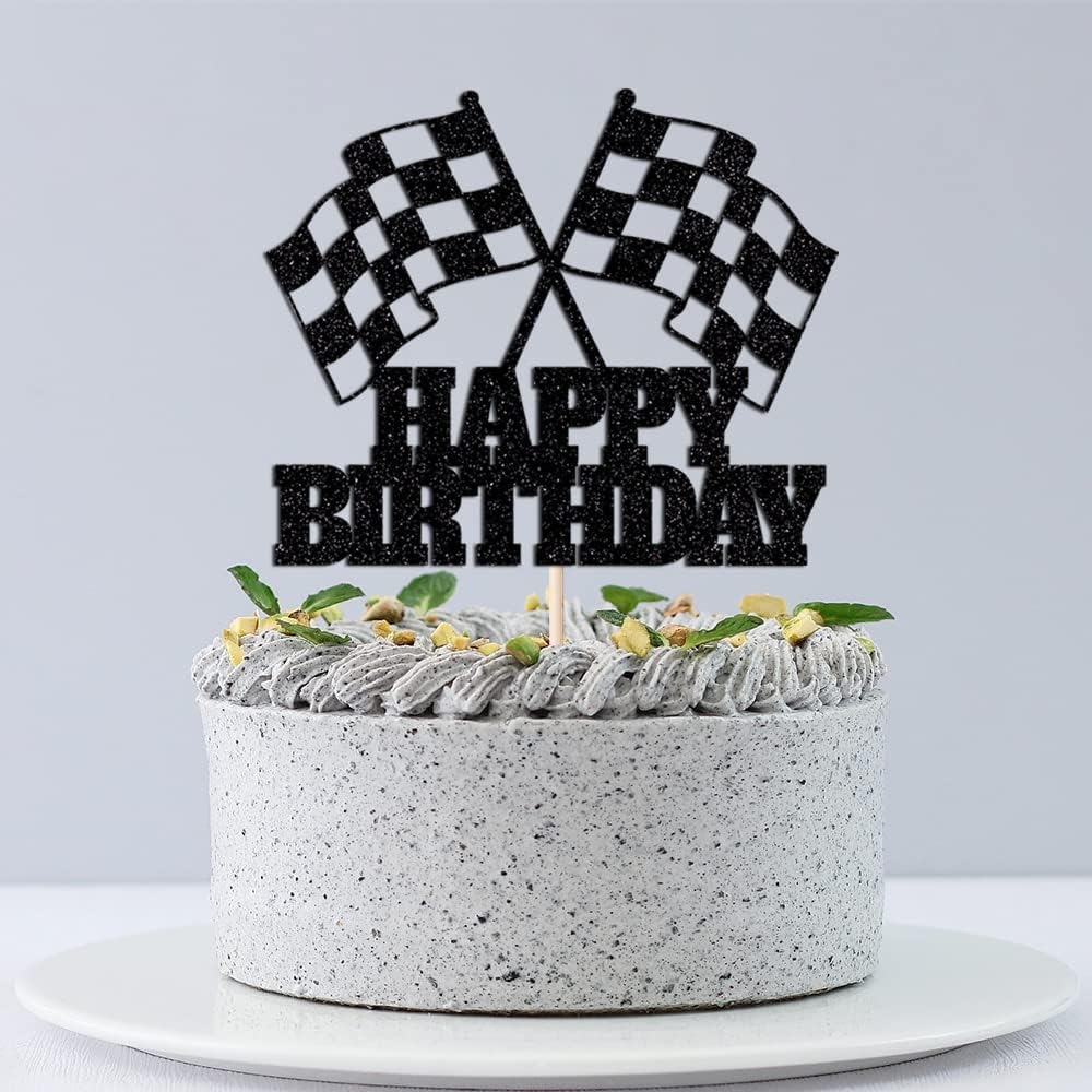 Race Car Cake Topper - Checkered Flag, Glitter, Happy Birthday Theme Cake Decor