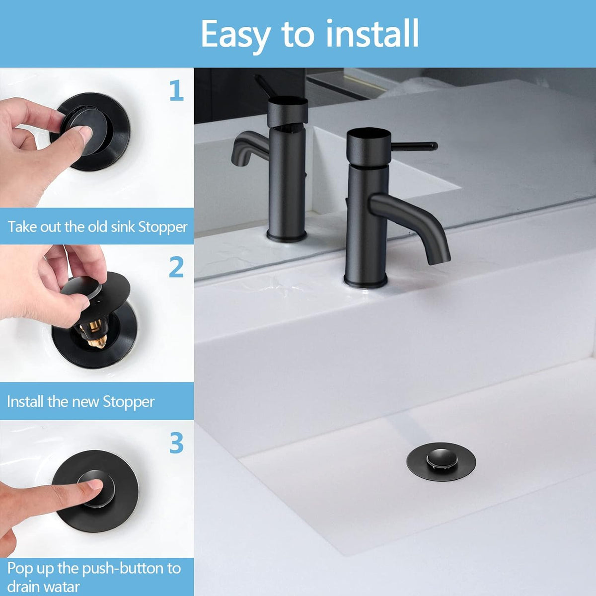 Black Bathroom Sink Stopper,Pop Up Drain Stopper for Bathroom Sink,Bathroom Sink Strainer ,Sink Plug,Universal Wash Basin Sink Stopper,Suitable for 1.1~1.5 Inch Bathroom Sink Drain Pipe (Matte Black)