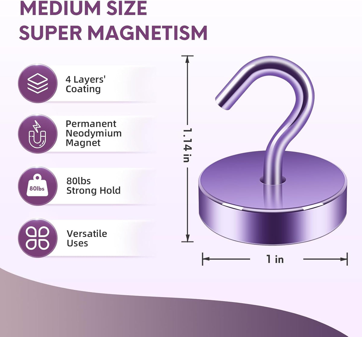Neosmuk Magnetic Hooks, Cruise Ship Essentials, 80lb+ Heavy Duty Magnetic Hooks for Cruise Cabins, Refrigerator, Grill, Hanging, and Travel | Extra Strong Must-Haves Magnet Hook,Purple