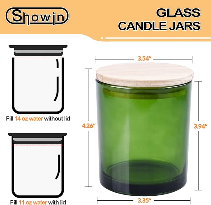 14 OZ Thick Candle Jars for Making Candles 12 Pcs, 3 Wick Empty Jars with Wood Lids for Candle Making, Sample Container,Clear Green