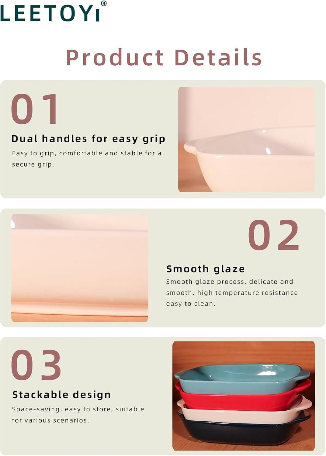 LEETOYI Ceramic Small Baking Dish, Porcelain 2-Piece Rectangular Bakeware with Double Handle, Baking Pans for Cooking and Cake Dinner 7.5"×5 (White)