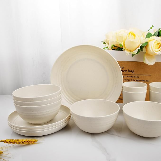 Rubtlamp 24 Pcs Wheat Straw Dinnerware Sets, Unbreakable Reusable Plastic Wheat Straw Bowls & Plates Dinner Set, Microwave And Dishwasher Safe Plates, 12Plates, 6Bowls, 6Cups for Party(Beige)