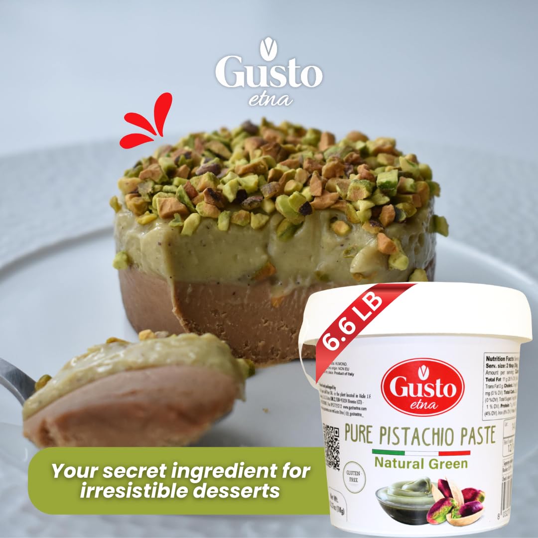 Gusto Etna 100% Pure Pistachio Paste – 3kg / 6.6 lb Bulk Tub – Unsweetened Italian Pistachio Butter, No Sugar, No Artificial Colors – Premium Nut Spread for Baking & Pastry – Product of Sicily
