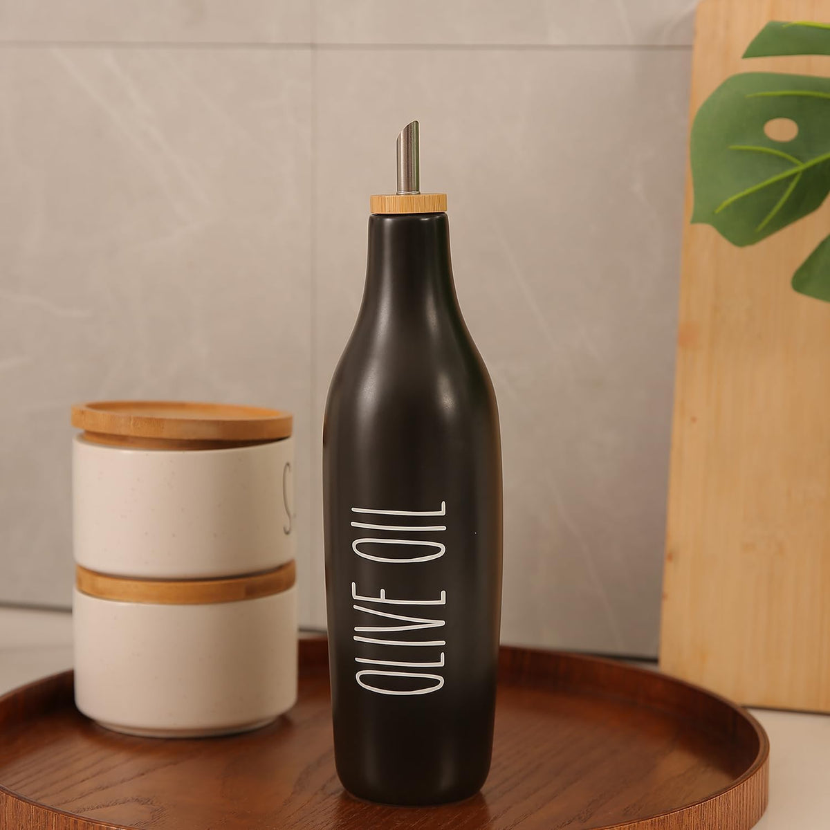 HOMCDALY Ceramic Olive Oil Dispenser for Kitchen, Stoneware 16oz Oil Cruet and Vinegar Bottles Dispenser, Kitchen Dispenser Bottle for EVOO Vinegar Syrups, Modern Farmhouse Design(B-O)