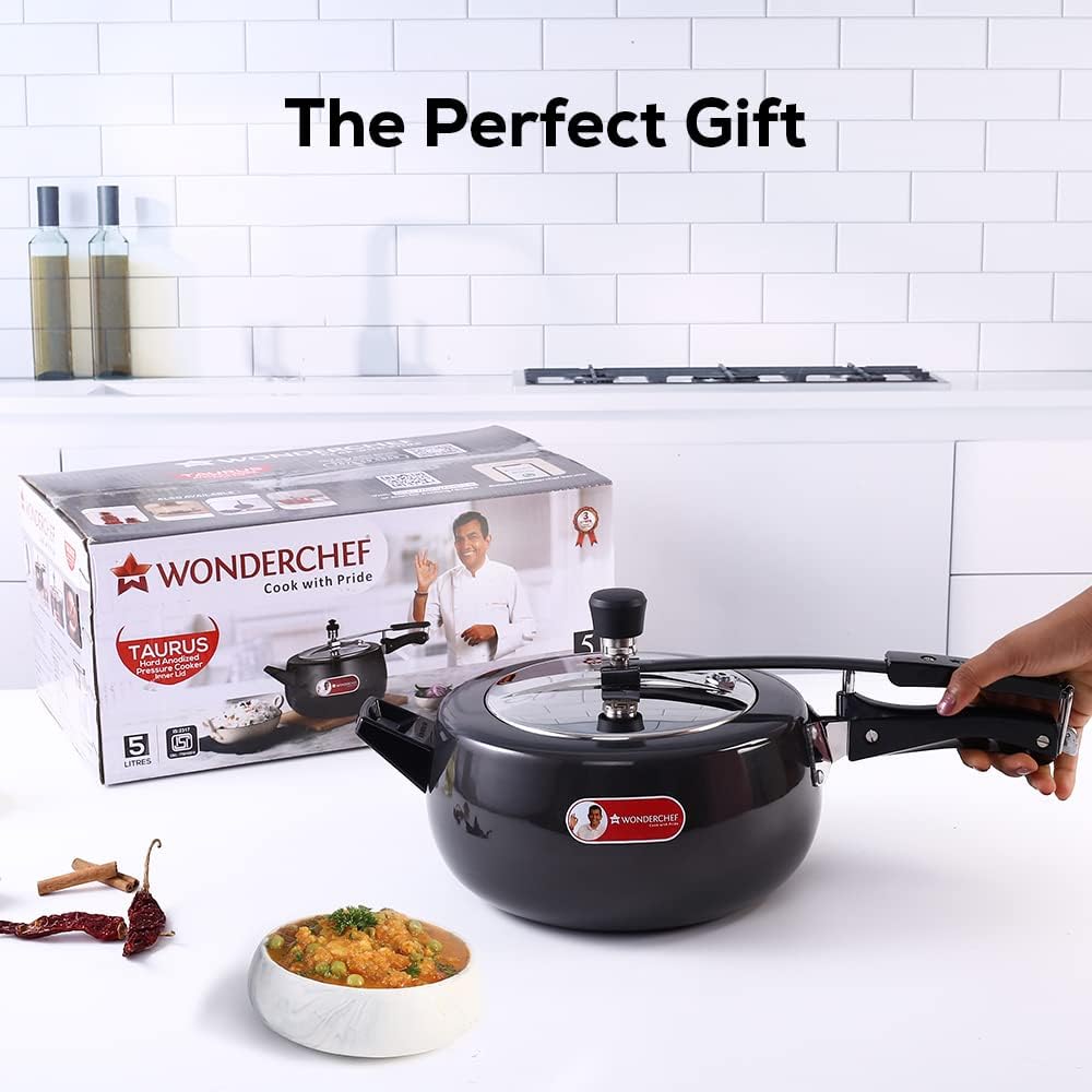 Wonderchef Taurus Hard Anodized Inner Lid Pressure cooker, 5 liter, Cool Touch Handles for Durability, Induction Friendly, 5 year warranty, ISI Certified5 LitresBlack