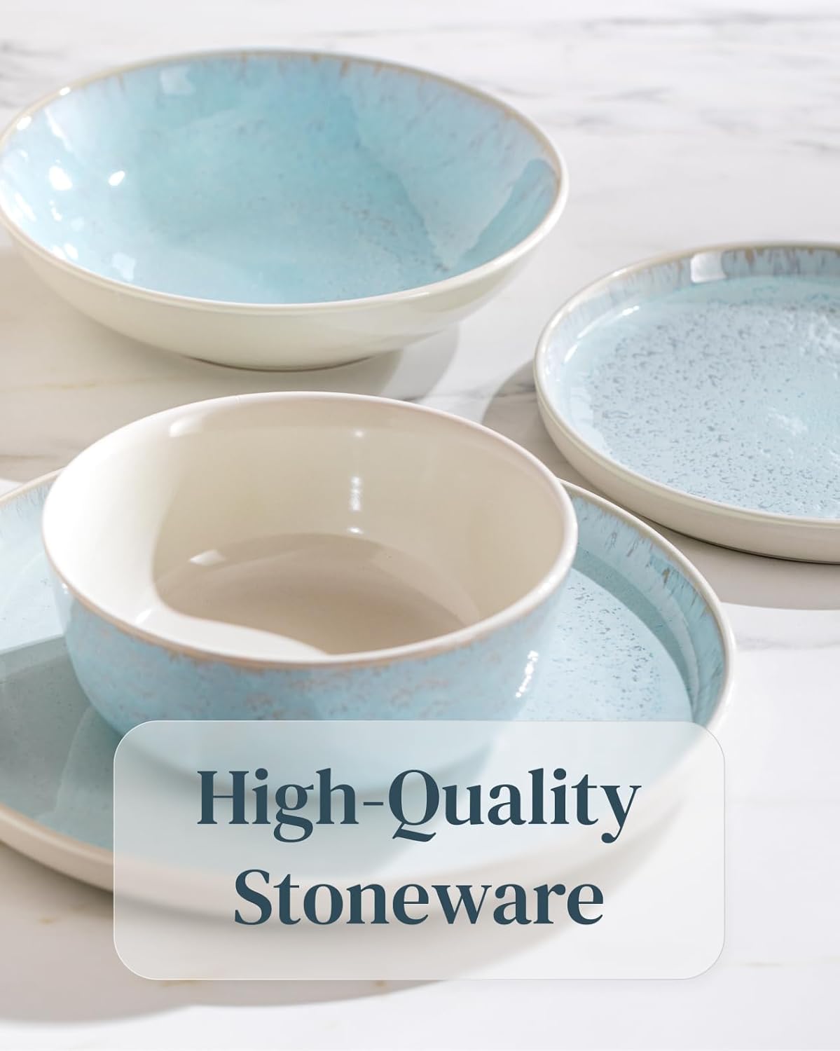 32 Piece Dinnerware Sets for 8 - Modern Style Stoneware Dinnerware Set - Scratch Resistant, Dishwasher Safe Plates and Bowls Sets Ceramic, Dish Set, Bowl and Plate Set - Beige and Blue…