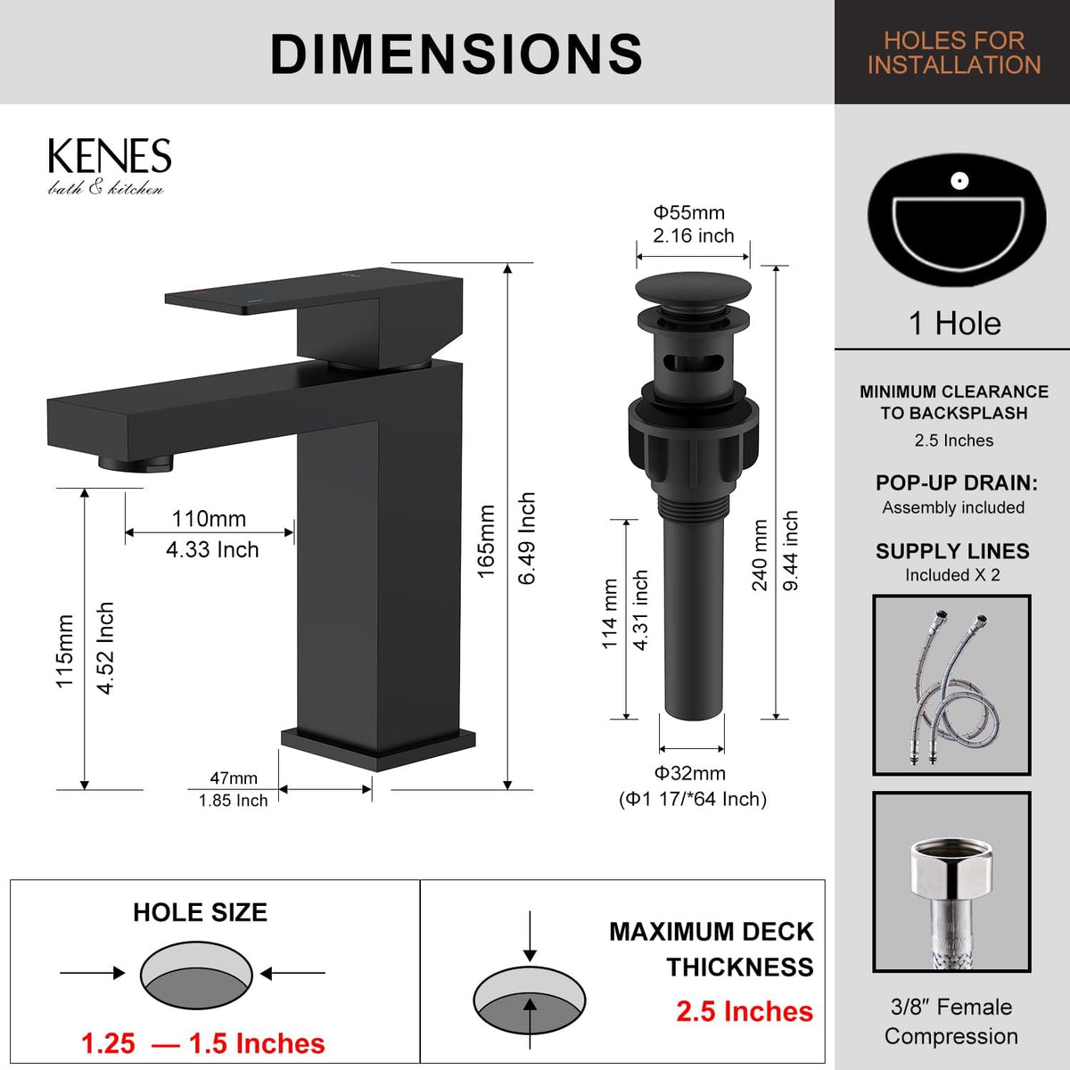 KENES Matte Black Single Handle Bathroom Sink Faucet, Stainless Steel Vanity Faucet for Bathroom Sink, with Pop Up Drain Stopper & Water Supply Hoses LJ-9031-2